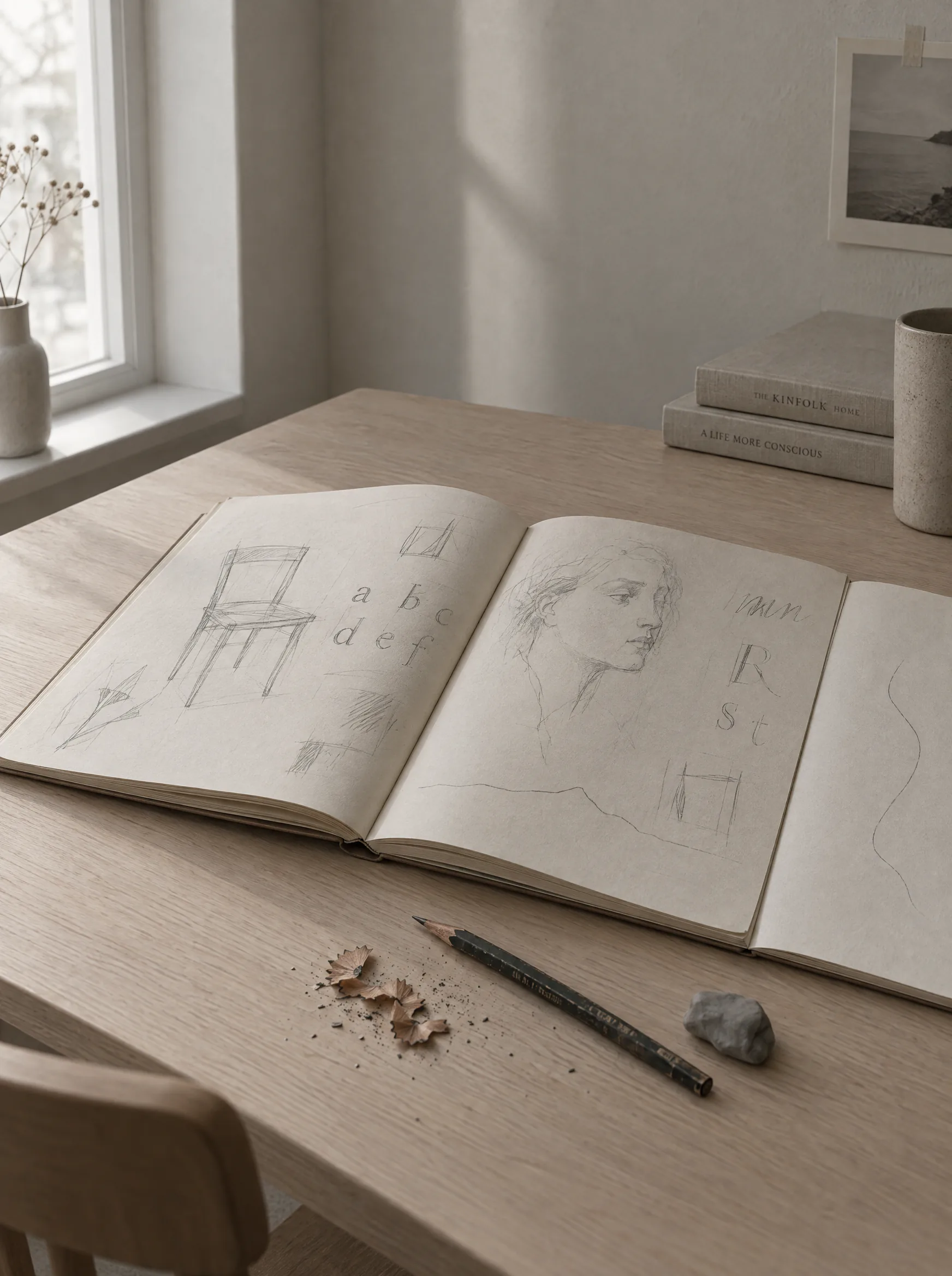 An open sketchbook full of pencil drawings on a wooden desk by a window