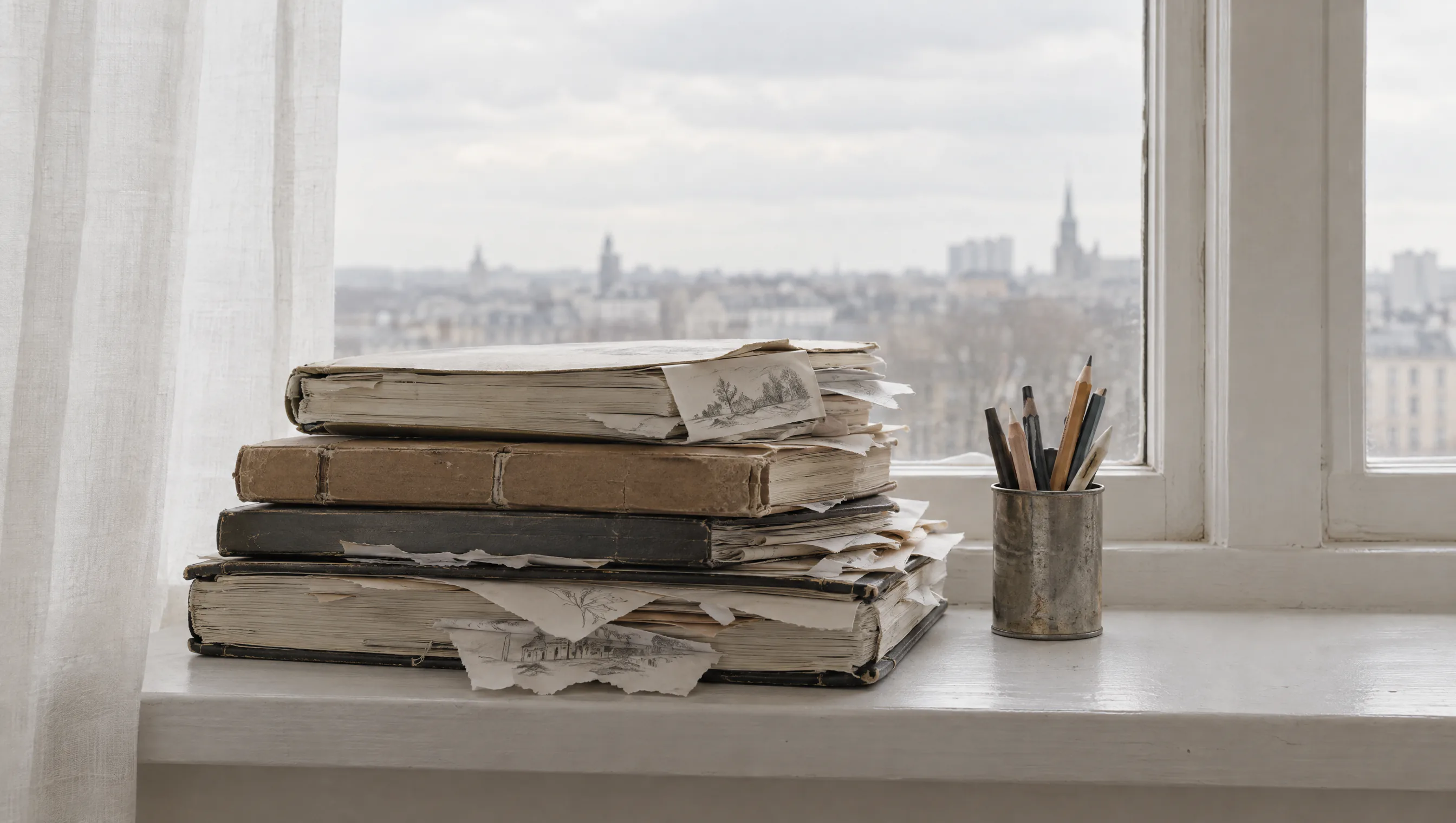 A stack of worn notebooks and a cup of pencils on a windowsill above the city