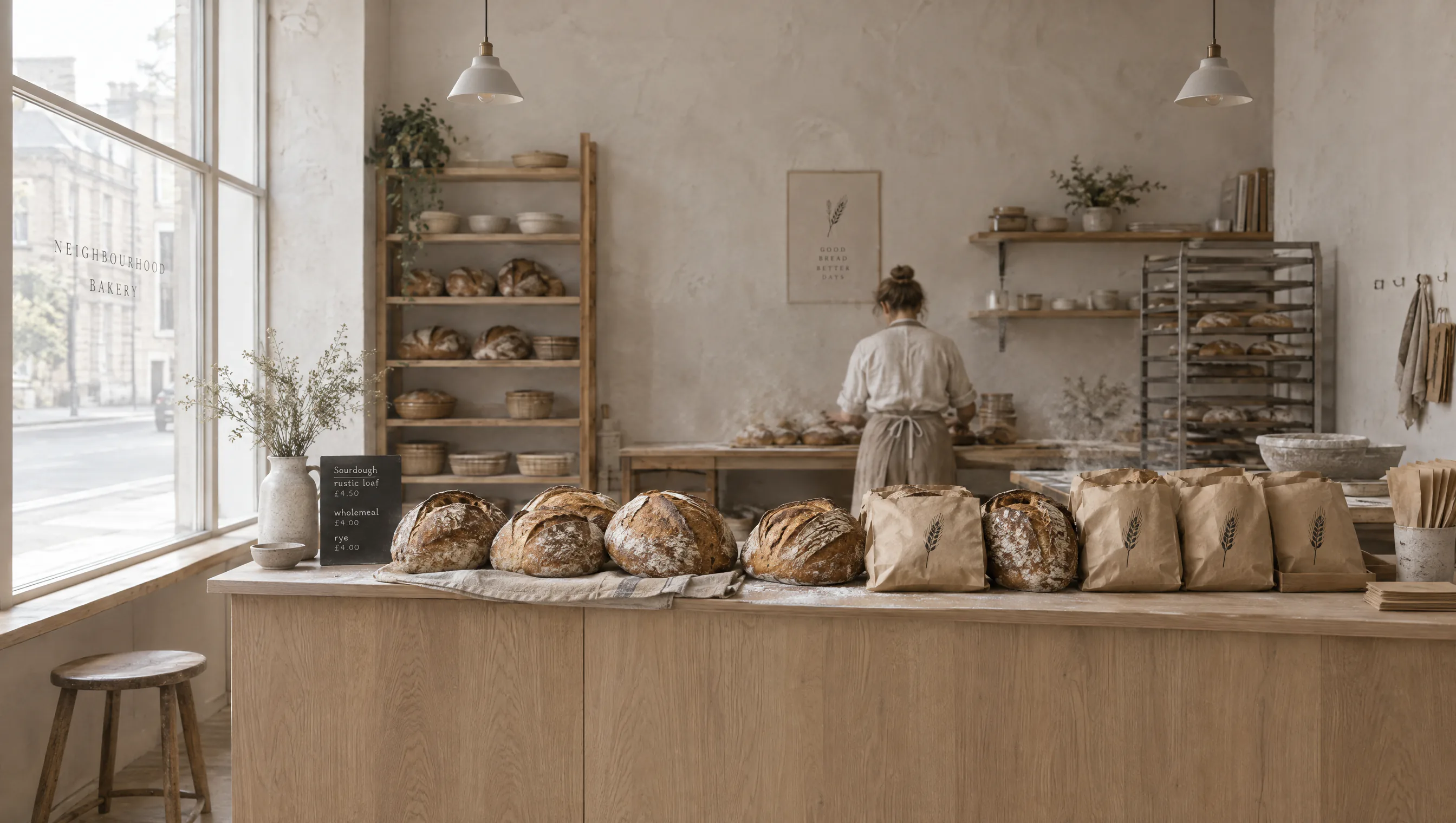 A small bakery with shelves of fresh loaves behind a wooden counter