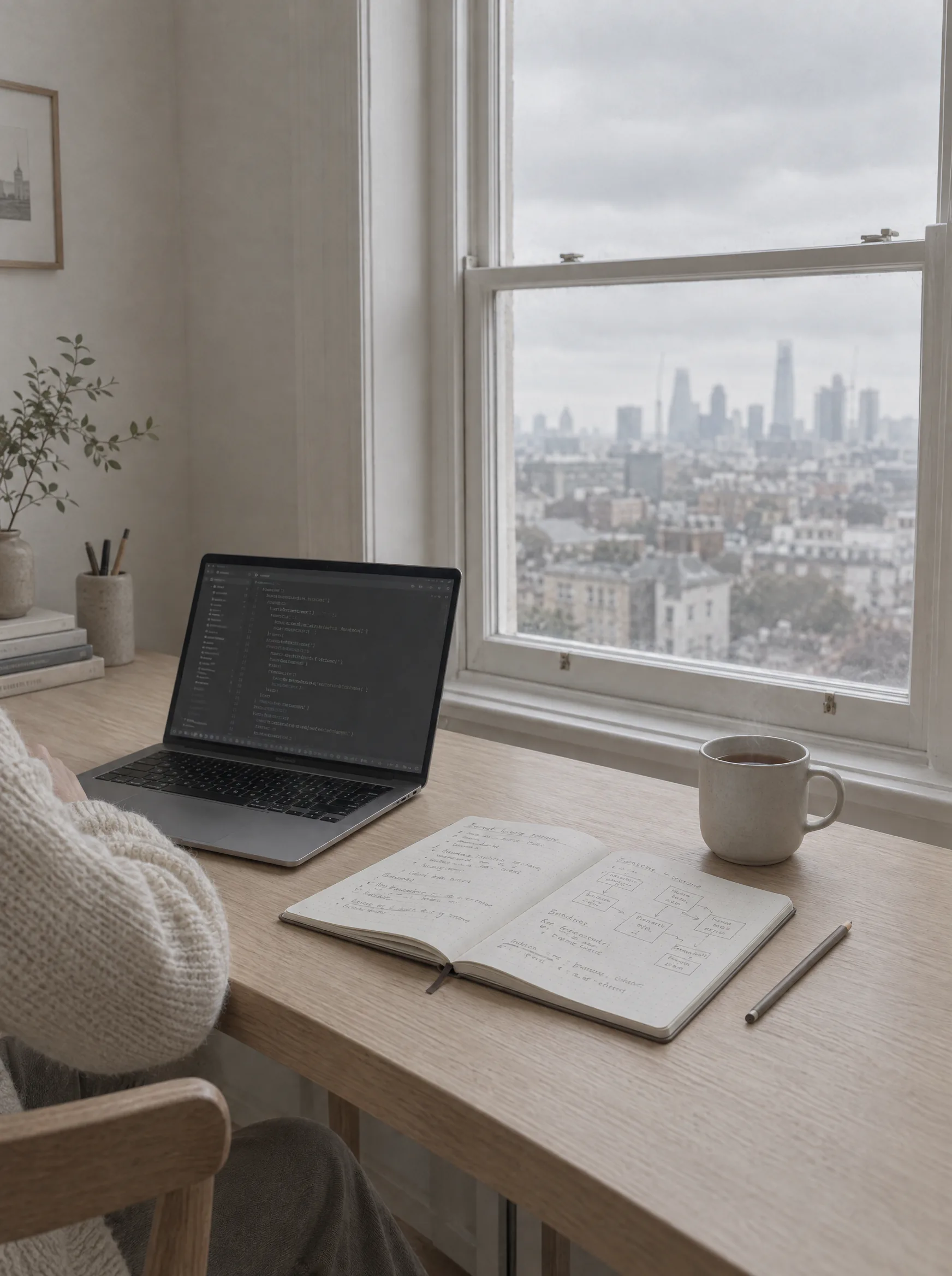 A laptop and an open notebook on a desk by a window with a city view