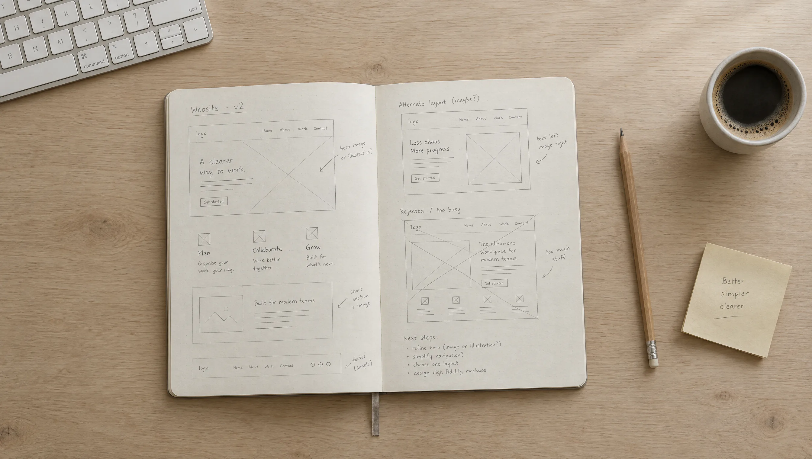 An open notebook and a coffee cup on a desk