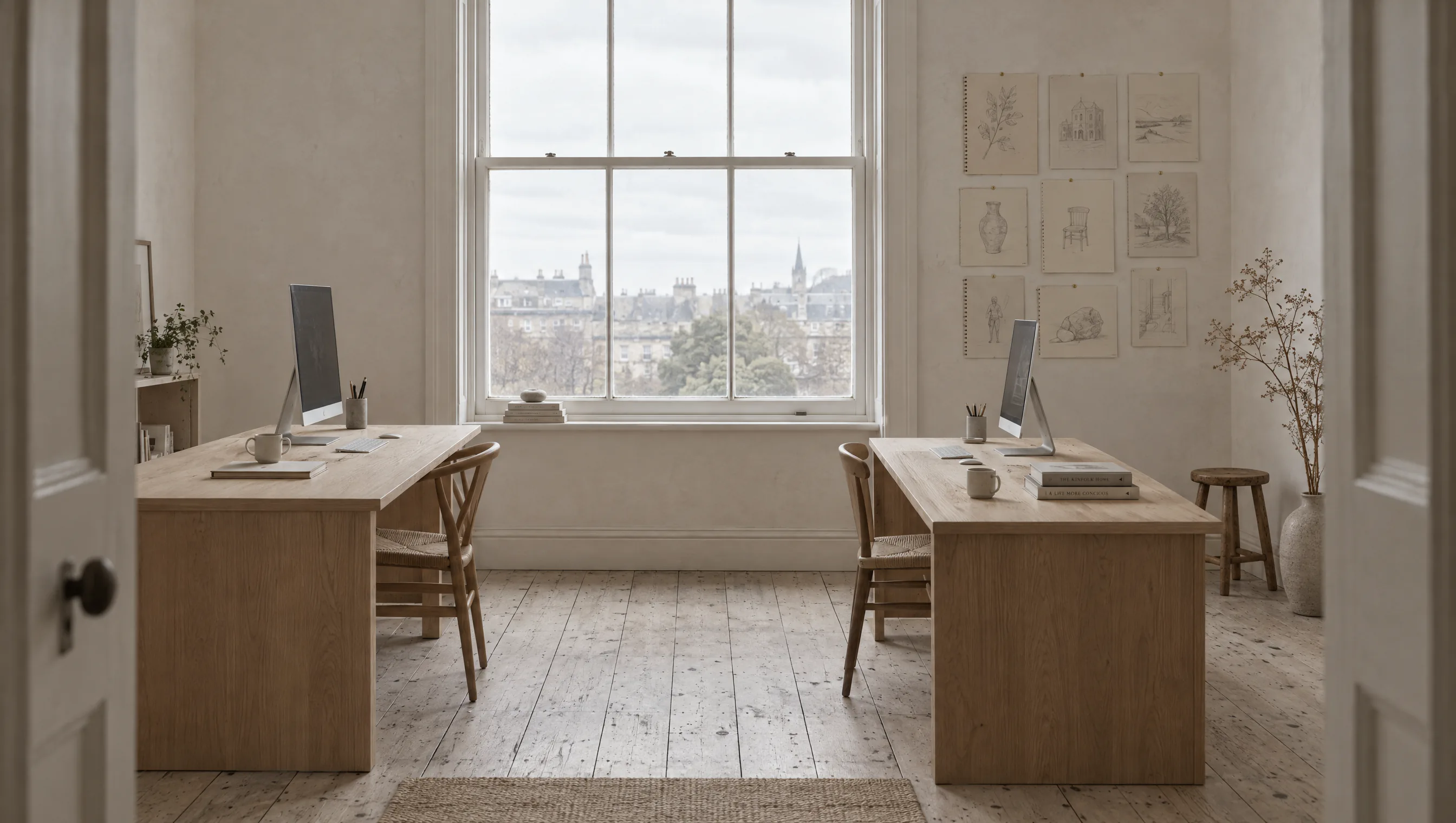 A bright studio with two desks under a tall window