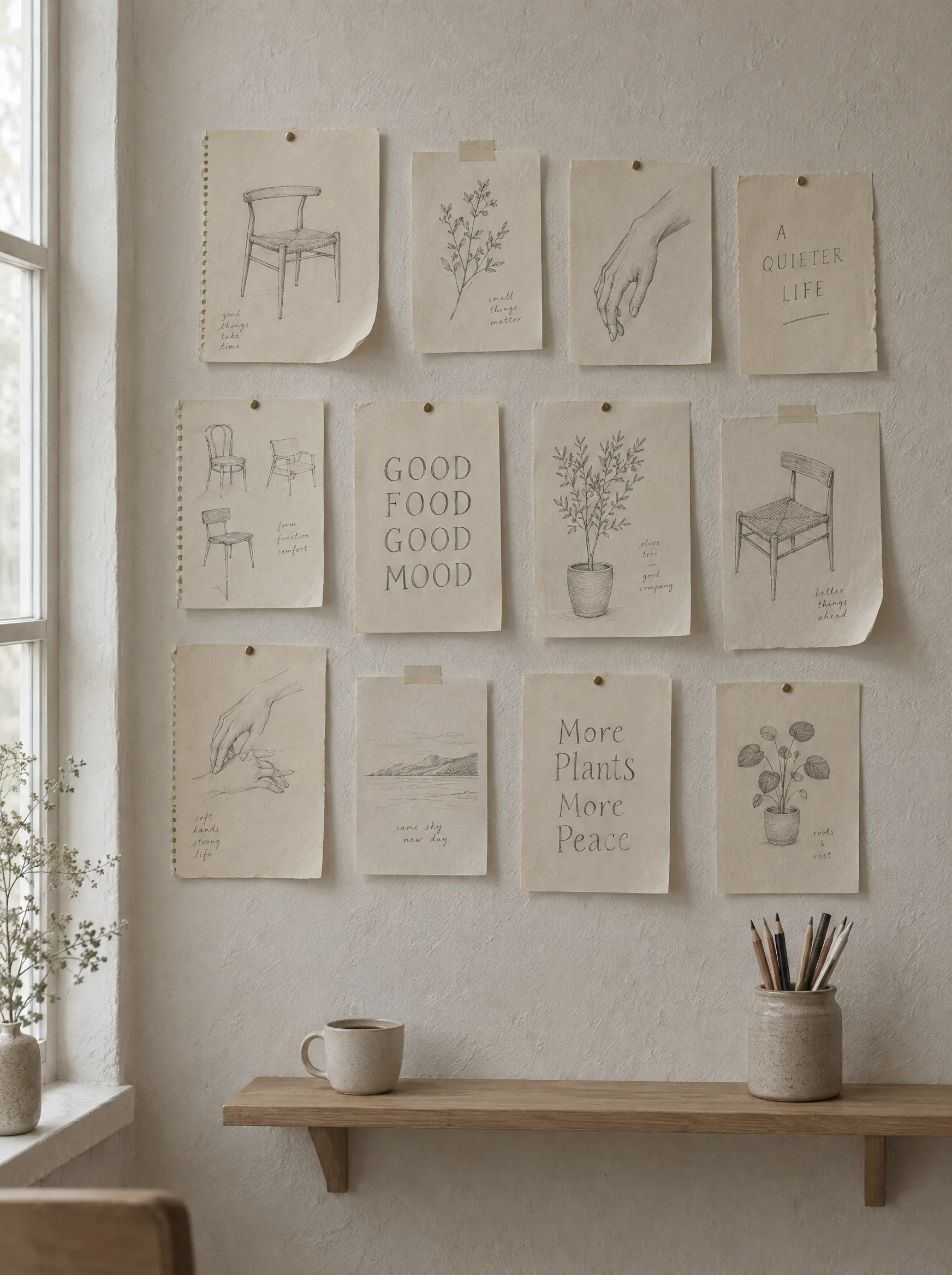 Sketchbook pages pinned to a studio wall